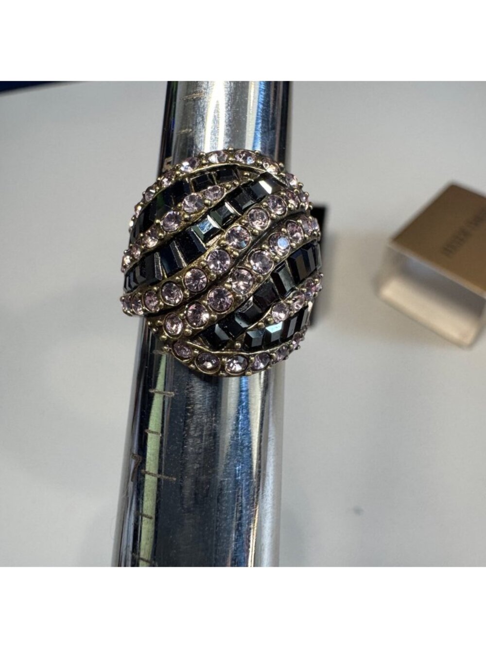 Heidi Daus Crystal Pave Art Deco Black & Pink Striped Stone Ring In Box